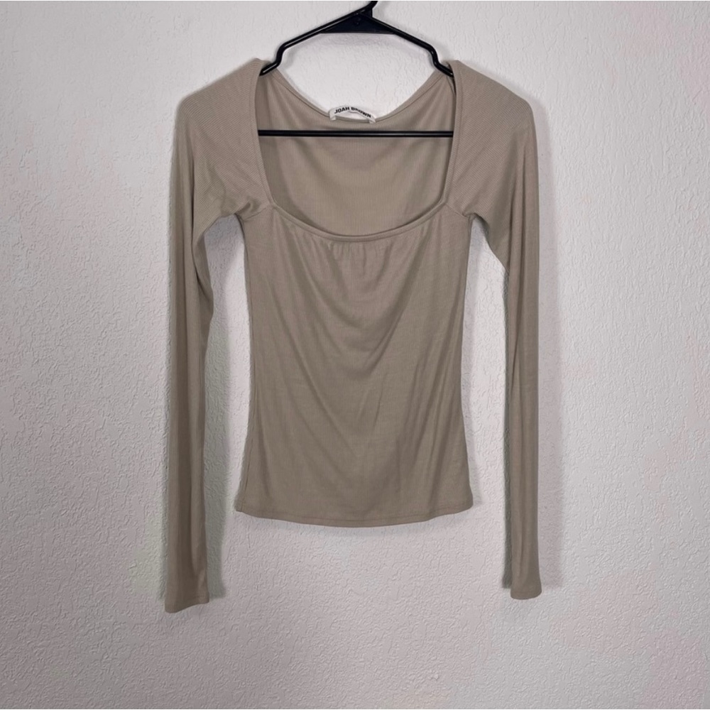 Joah Brown Light Brown Ribbed Square Neck Long Sleeve Top
